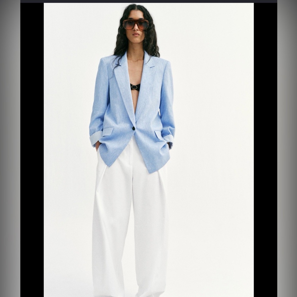 Zara Sky Blue Single-Button Linen-Blend Blazer